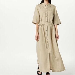 THE DROP Elegant Tan Button-Down Long Shirt Dress - Size XL